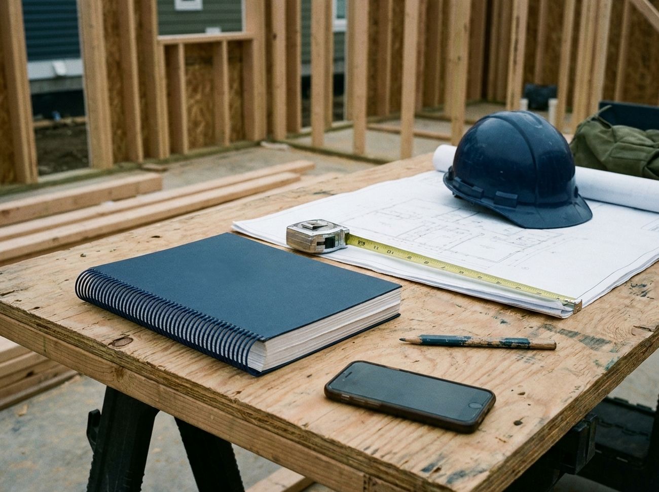 Building plans, a code book and a hard hat laid out on a site table
