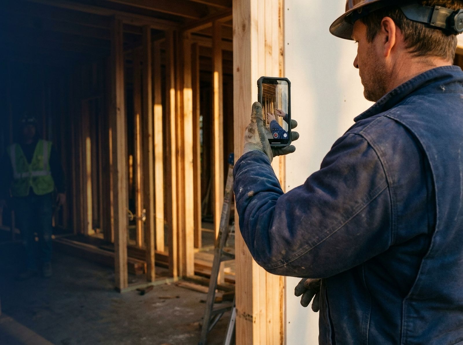 A carpenter at golden hour holding a phone up to a framed stud wall