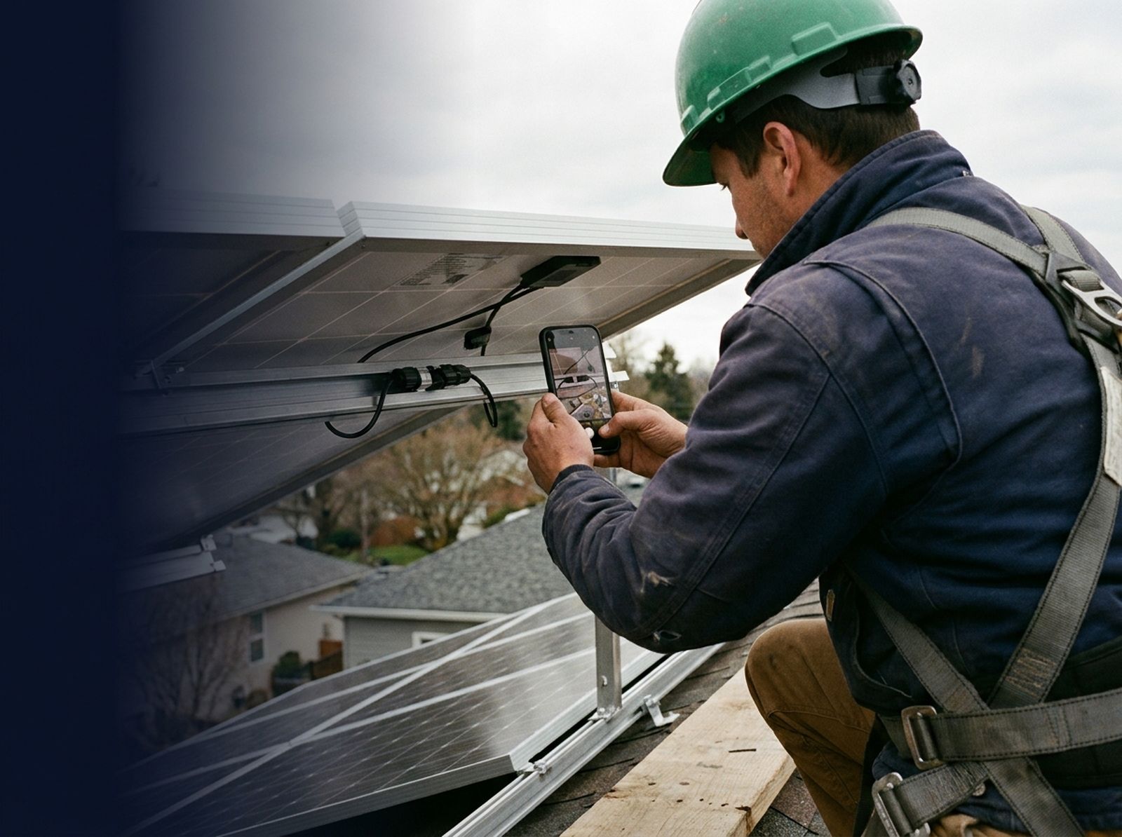 A solar installer on a rooftop filming panel rail connections with a phone