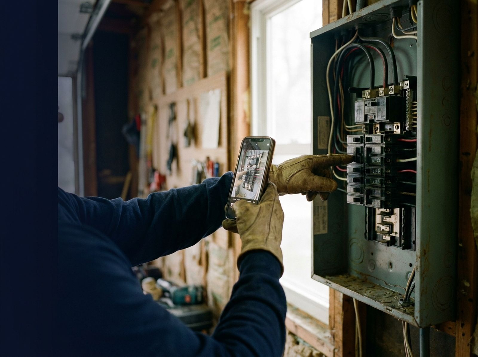 Gloved hands filming an electrical service panel with a phone while pointing at a breaker