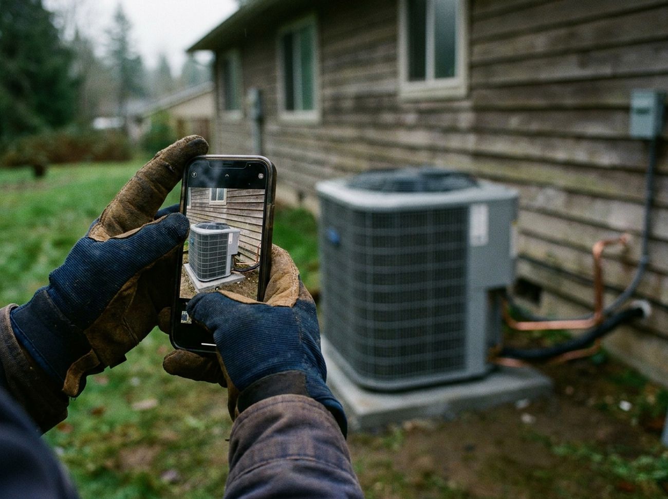 A person on a job site holding a phone camera toward a mechanical installation during a virtual inspection